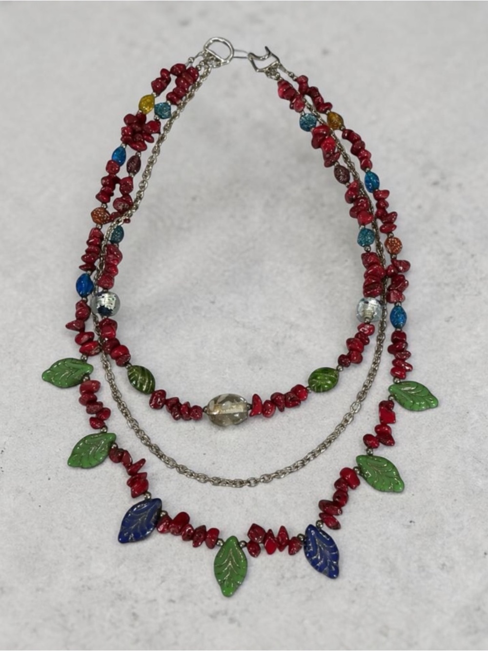 Vintage 3 Strand Colorful Beaded Necklace with Leaf Accents